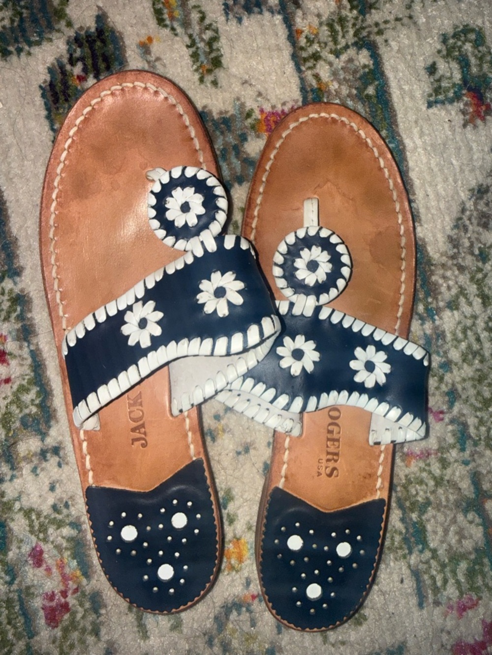 Jack Rogers Navy and White Floral Leather Sandal
